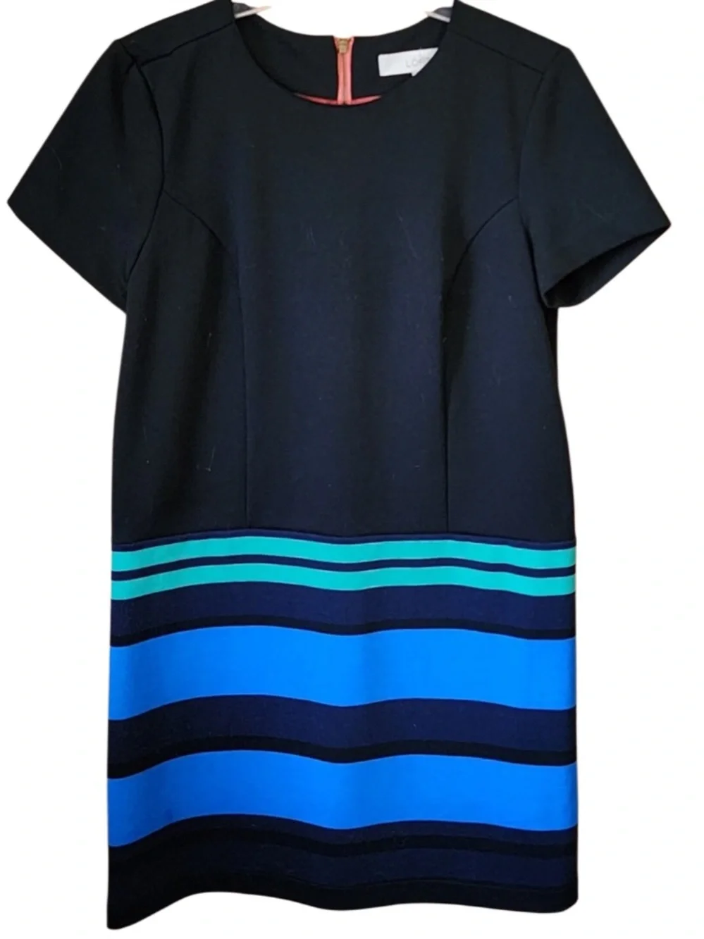 LOFT Black Dress with Blue and Teal Stripes